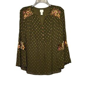 Chico's Green Gold Polka Dot Boho Blouse Embroidered Floral Details Size 1/Small